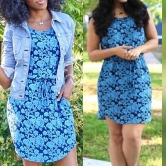 CAbi Women's Sz M Java Indigo Blue Floral Cap Sleeve Drawstring Waist Boho Dress - Picture 2 of 13